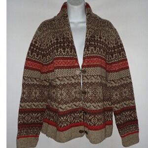 Susan Bristol Womens Wool Fair Isle Cardigan Sweater Brown Red Nordic Clasps L